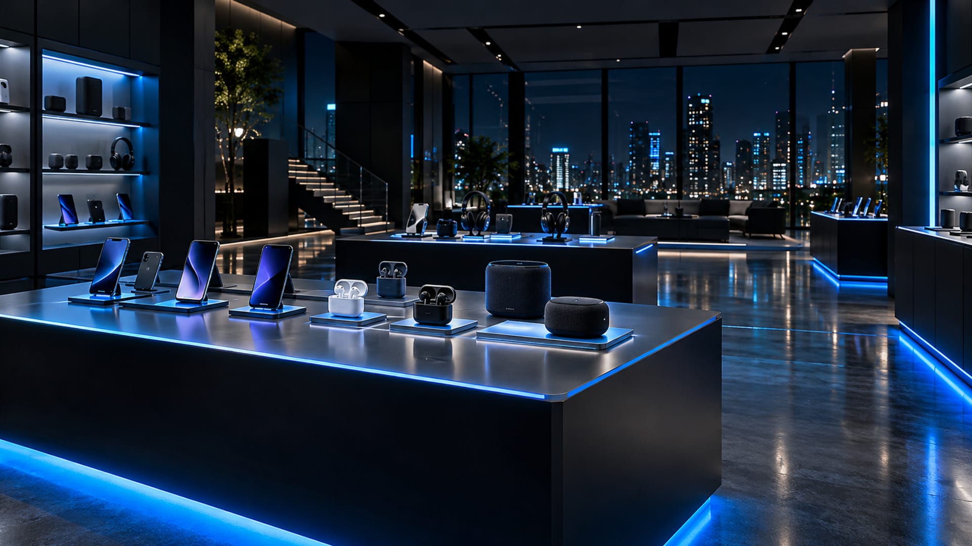 Showroom high-tech SAMDISCOUNT, smartphones et accessoires en vitrine