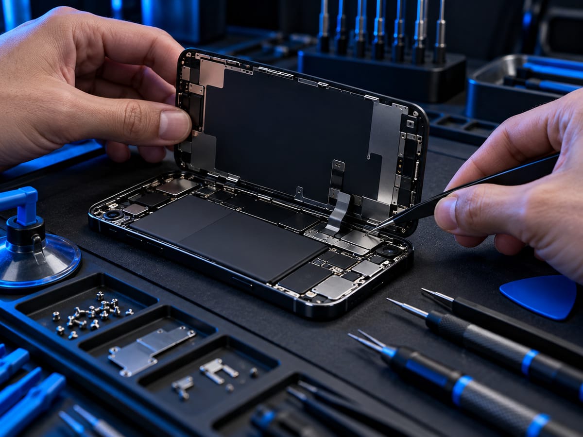 Technicien réparant l'écran d'un smartphone